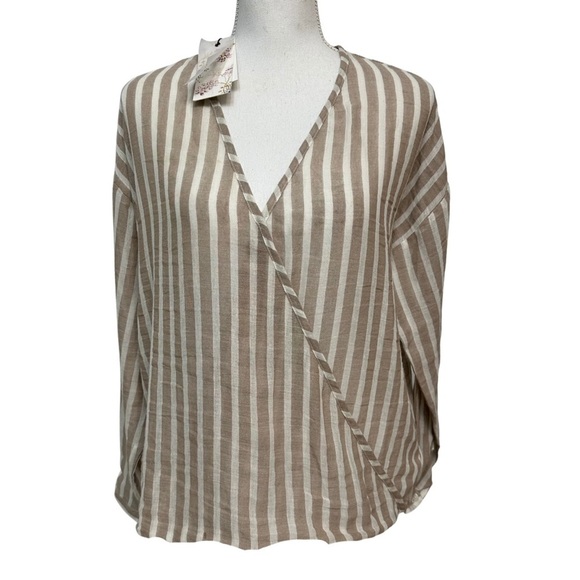 TALORI Blouse Gauze Striped Draped Long Sleeve SZ Small Tan/White NEW WITH TAGS - Picture 1 of 4